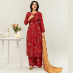 Elegant Red Floral Printed 3-Piece Linen Suit with Dupatta