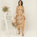 Soft Beige Floral Printed Linen Suit with Elegant Dupatta