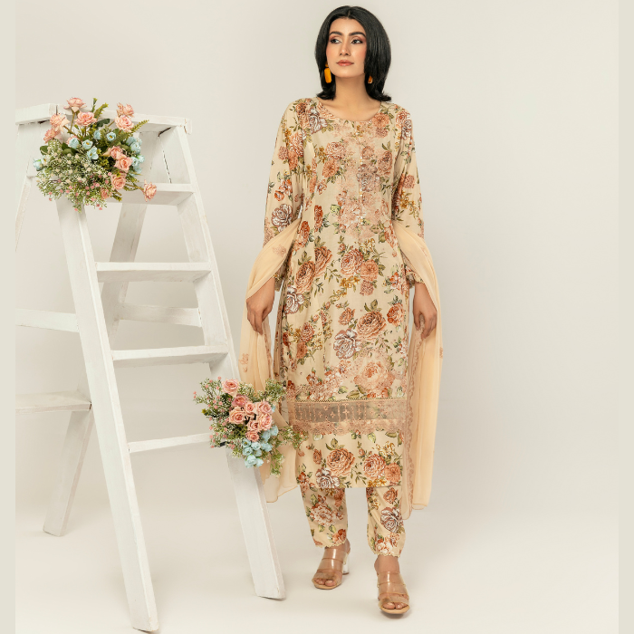 Soft Beige Floral Printed Linen Suit with Elegant Dupatta