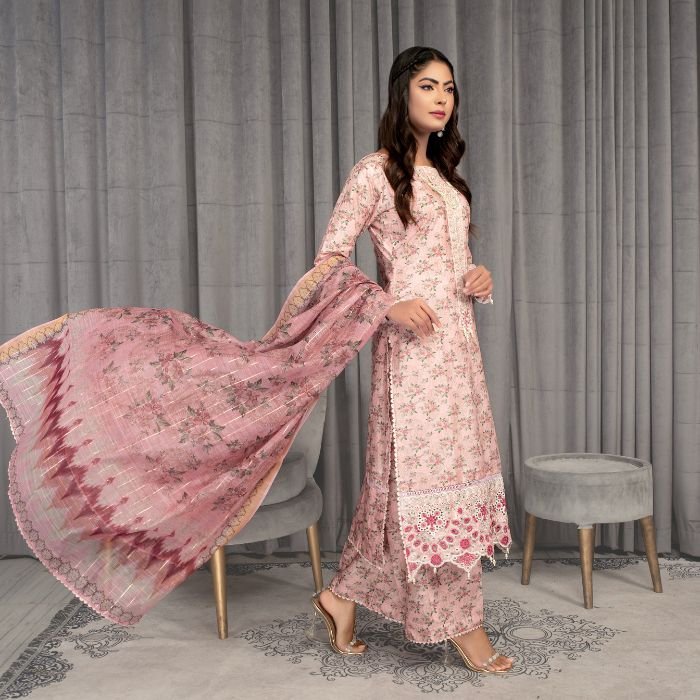 Elegant Pink Floral Embroidered Suit with Flowing Dupatta