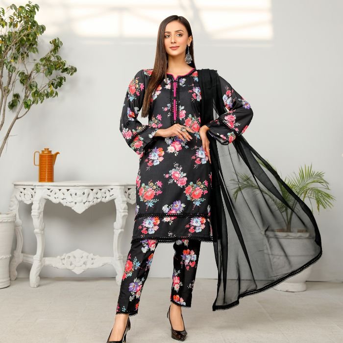 Elegant Black Floral Stitched Lawn Suit with Dupatta